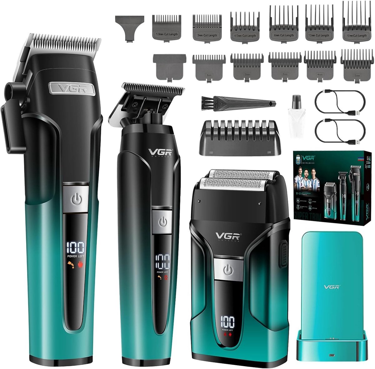 Trimmer voor mannen - Groen - Professionele draadloze tondeuseset met keramisch koolstofstalen mes - Complete kappersset