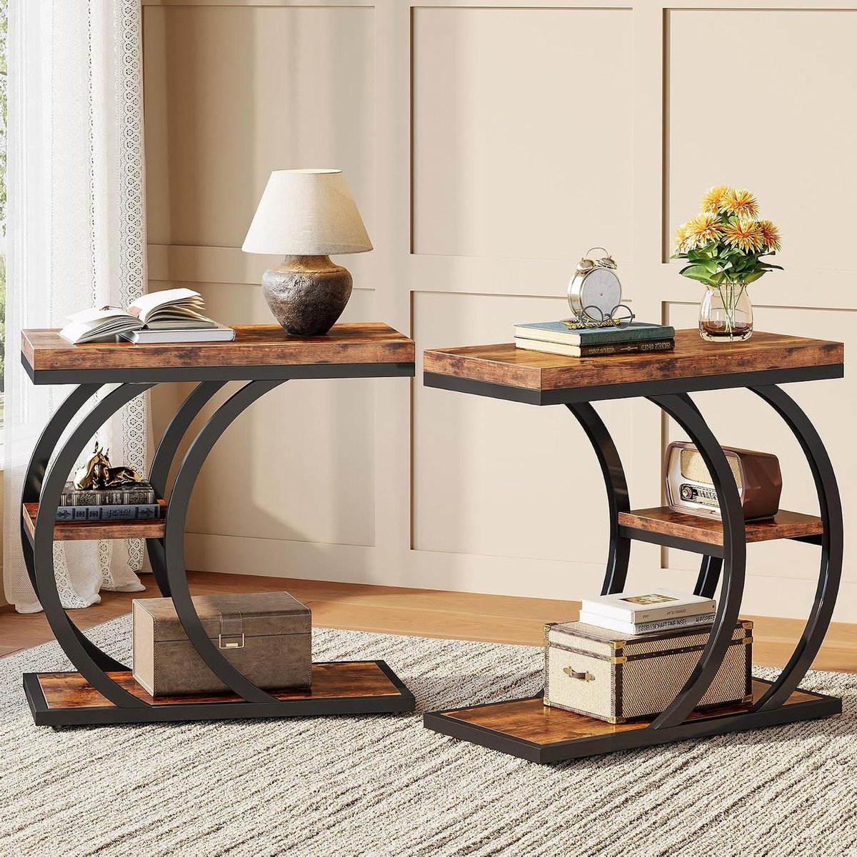 Bijzettafel Set - Nachtkastje Kleine Tafel - Woonkamer Organiseren - C-vormig Ontwerp - 236 x 118 x 23 inch