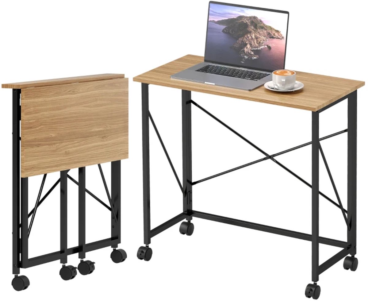 Opklapbare Bureau op Wielen - Kantoortafel - Computerbureau - Computer Tafel - Bureautafel - Desk - Game Bureau - voor Studeerkamer, Schrijftafel, Werkplek, Slaapkamer - Eikenhout