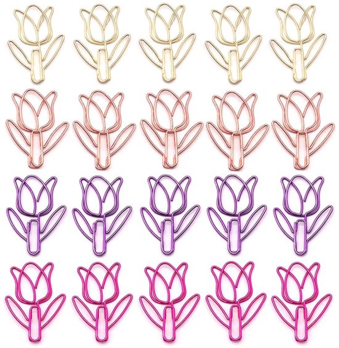 Tulpenpaperclips 20 Stuks - Creatieve Bloemvormige Paperclips - Metalen Paperclips - 35 mm - Goud/Rose Goud/Rood/Paars - Documenten Organiseren