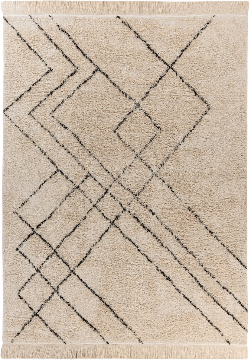 Padiro laagpolig vloerkleed 120 x 170 cm - crème / zwart - modern geometrisch patroon - geschikt voor vloerverwarming - van katoen