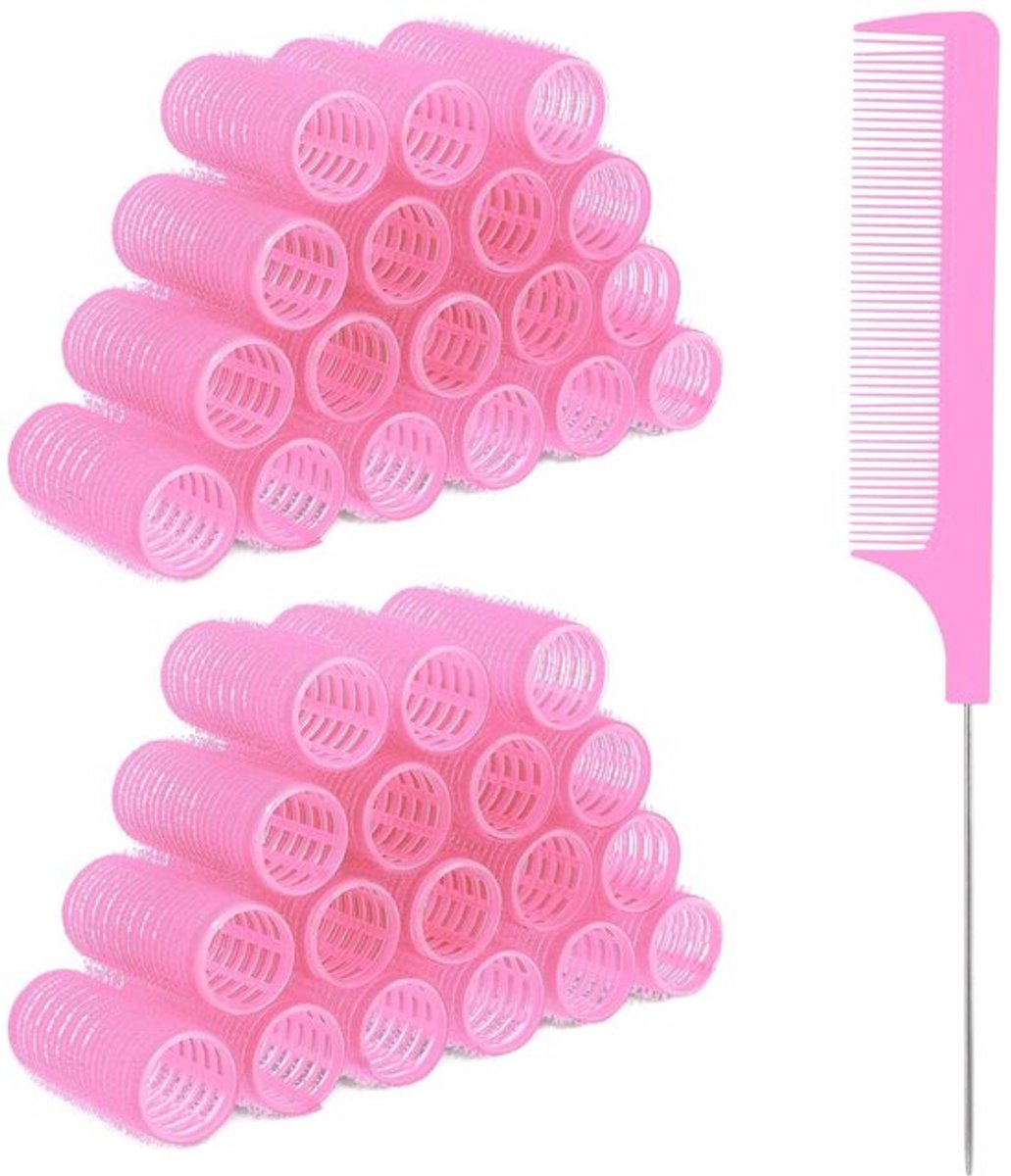 Haarrollers Hitteloos - 18 Stuks - Roze Kunststof - Professionele Krulspelden - Voor Doe-Het-Zelf Kapsels - Afmeting 6,2 x 2,5 cm