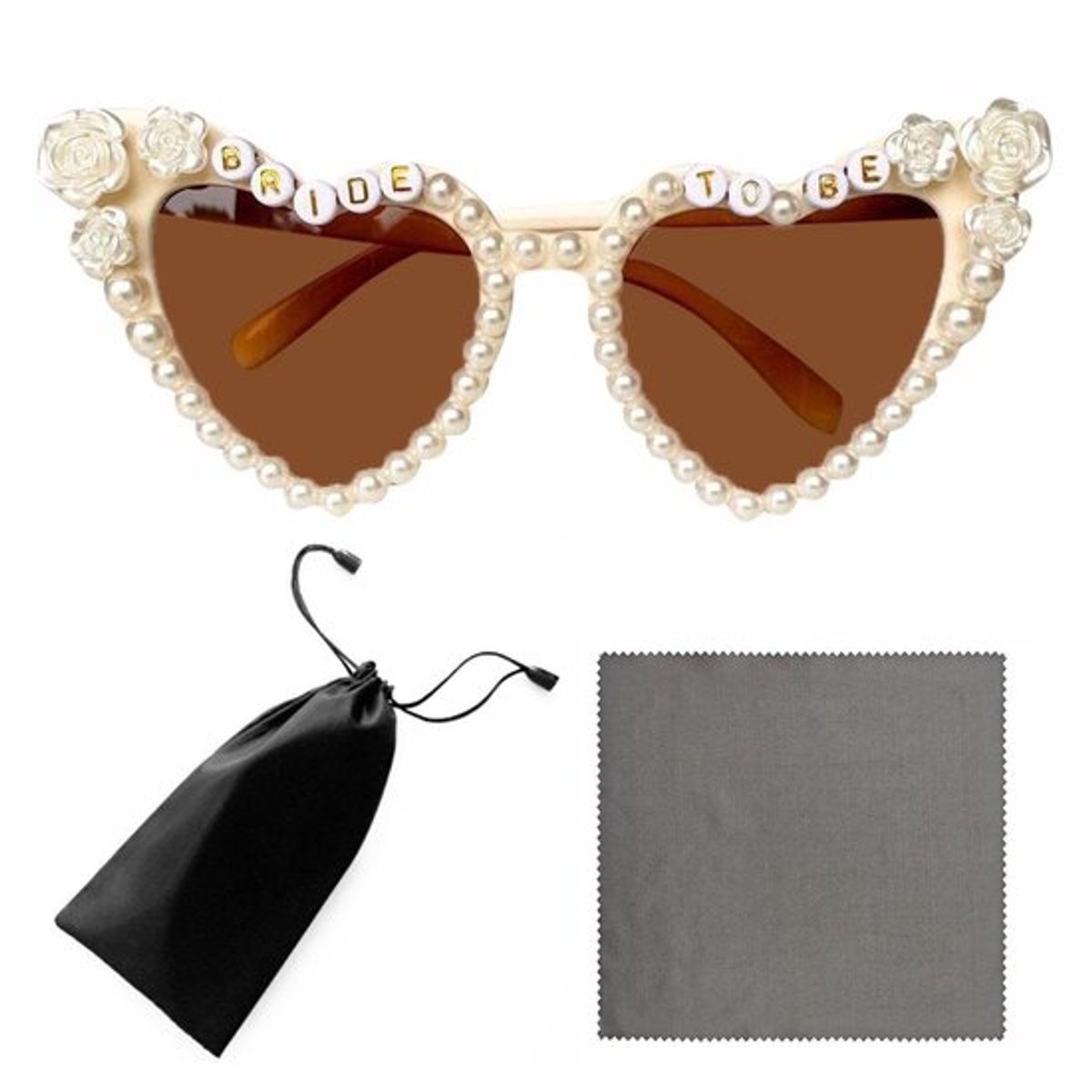 Zonnebril Bruin - Zonnebril Dames - Feestzonnebril - Glazen met Parelletters - Microvezel Reinigingsdoek - Geschikt voor Bruiloften - Zonnebrilaccessoire