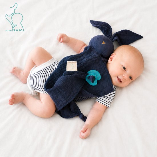 MijnNami Knuffeldoekje Baby Konijn - Hydrofiel Biologisch Katoen - Tutteldoekje - Evening Blue van MijnNami — afbeelding 3