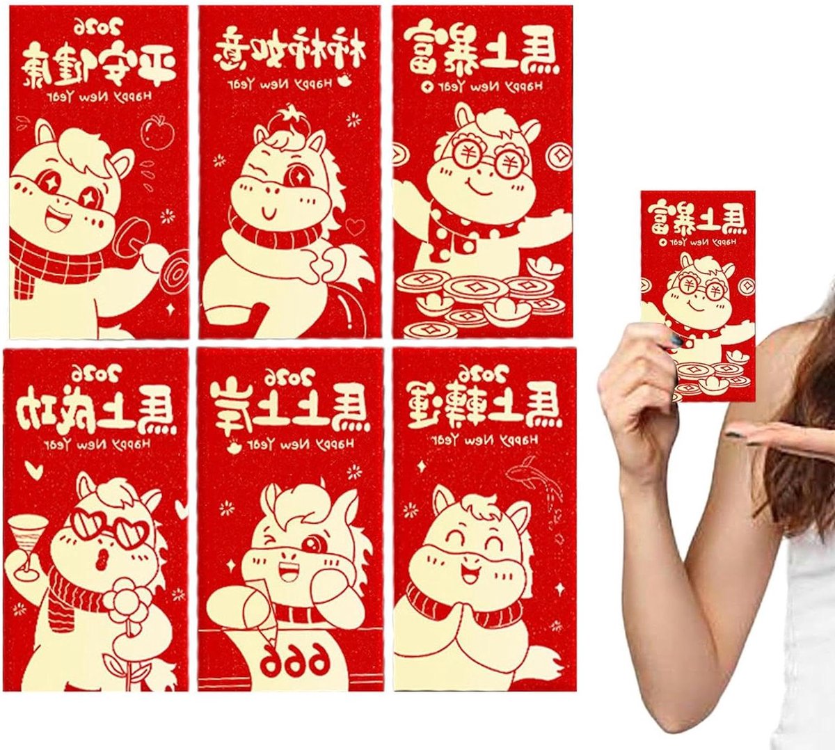 Rode Enveloppen - Geldzakjes Geluk - Chinees Nieuwjaar Vieren - Paarden Jaar Thema - 6 stuks - Rood