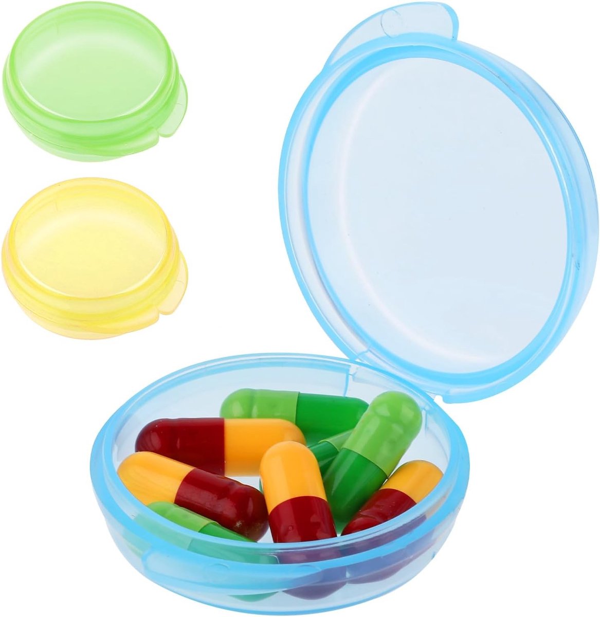 Kleine Pillendoos Set van 3, Dagelijkse Medicijn Organizer, Compacte Medicijnopslag in Blauw, Groen en Oranje