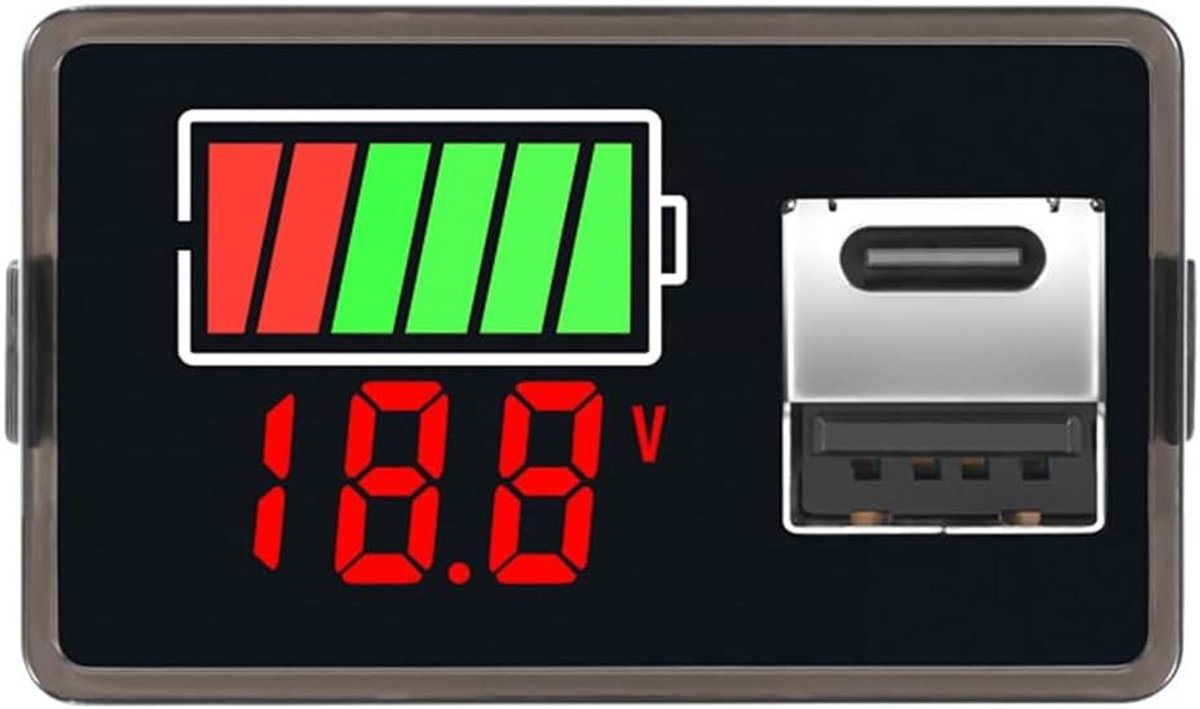 Batterijtester - Zwart - 47,6 x 19,4 x 28,7 mm - Digitale Voltmeter met USB Type-C Aansluiting - Voor Auto, Motor en Camper