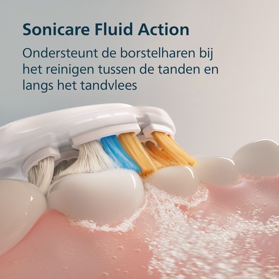 Gedetailleerde animatie van Sonicare Fluid Action technologie die tanden reinigt.