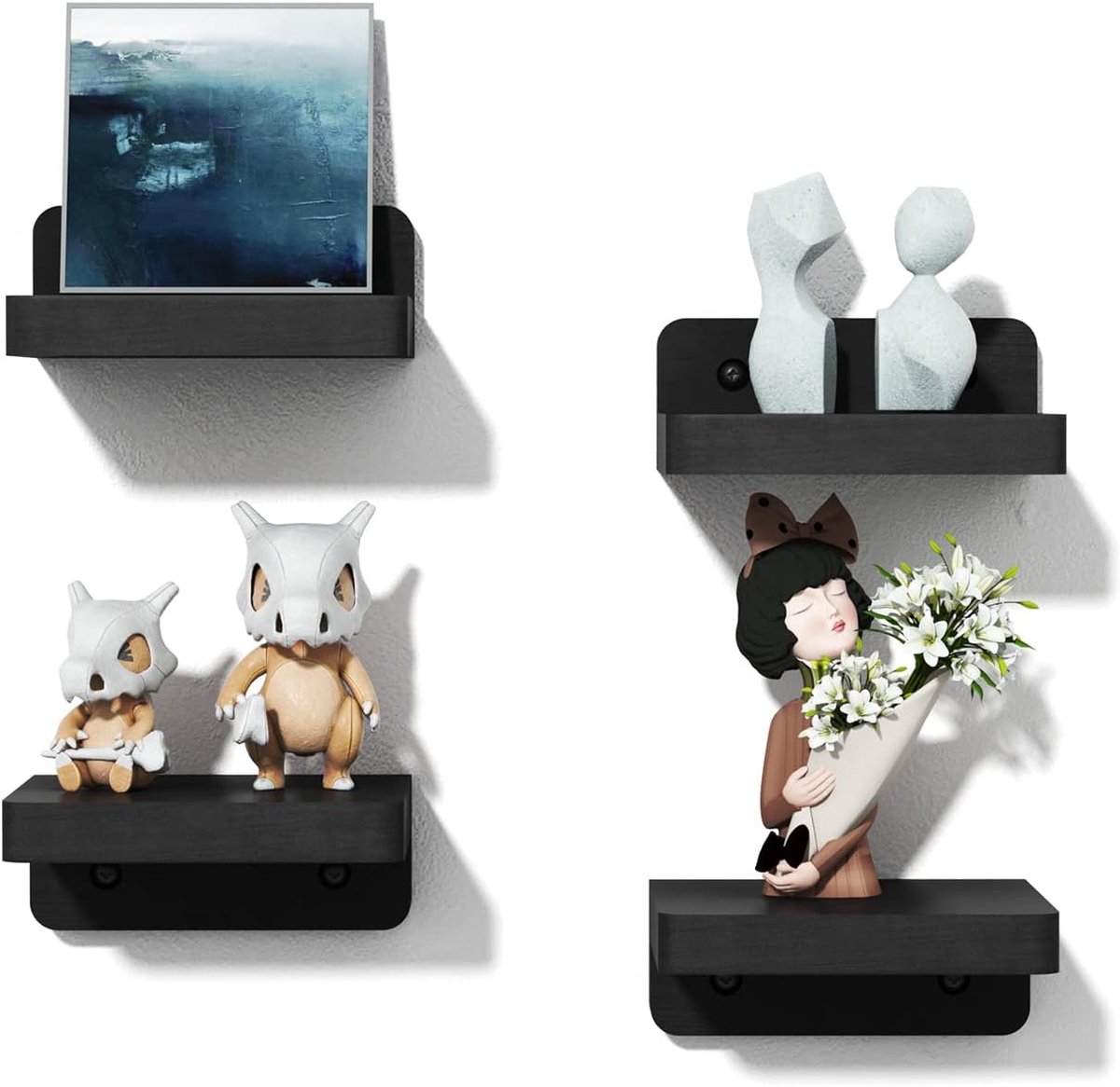 Kleine wandplanken set van 4, 10 cm houten wandrek, zwart, moderne decoratie voor kleine voorwerpen en slaapkamer, woonkamer, badkamer, keuken