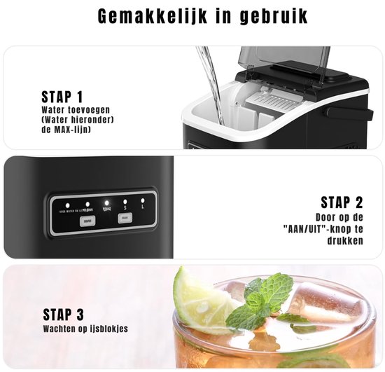Ploutos® Ijsblokjesmachine - Ijsblokjesmachine & Crushed Ice Maker - Elektrische Ijsmachine voor Blokjes en Gruis - Zwart- 23cm x 29cm x 30cm — afbeelding 3