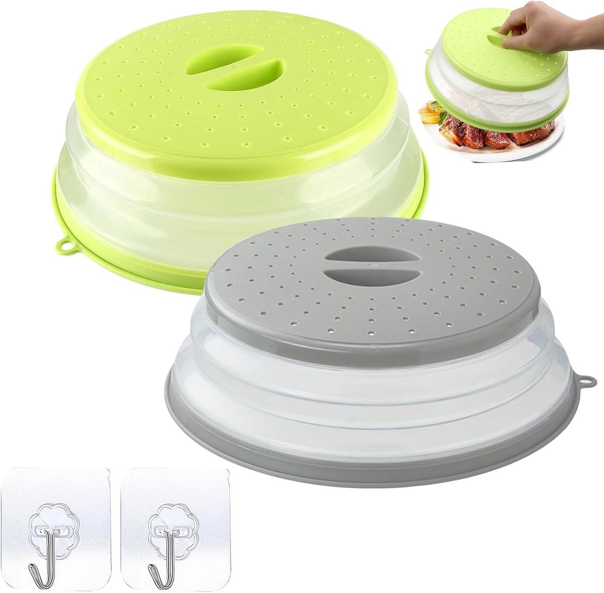 2 stuks opvouwbaar magnetrondeksel, bestand tegen hoge temperaturen, met haken en zeven voor filtermanden, opbergmanden, groenteafdekkingen, voor fruit en groenten, 27 cm, grijs + geel
