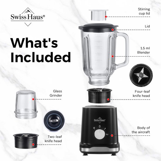 Swiss Haus® BL2315G Blender - 500W - 1.5L Glazen kan - Smoothie maker & Grinder - 2 Snelheden + Pulse - RVS Messen - Vaatwasbestendig - BPA Vrij - Zwart van Swiss Haus — afbeelding 4