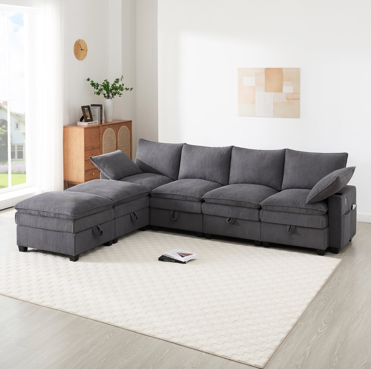 MIVRAY Hoekbank 280 x 152 cm - Modulaire 6-Zits Bank Met USB, Opbergruimte En Bekerhouders - Voor Woonkamer - Corduroy - Grijs
