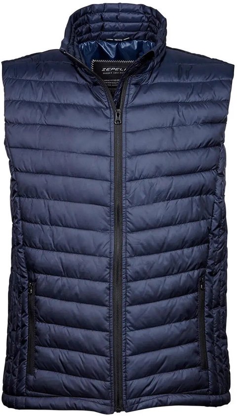 Donkerblauw gewatteerd bodywarmer van Zepelin met rits en opstaande kraag.