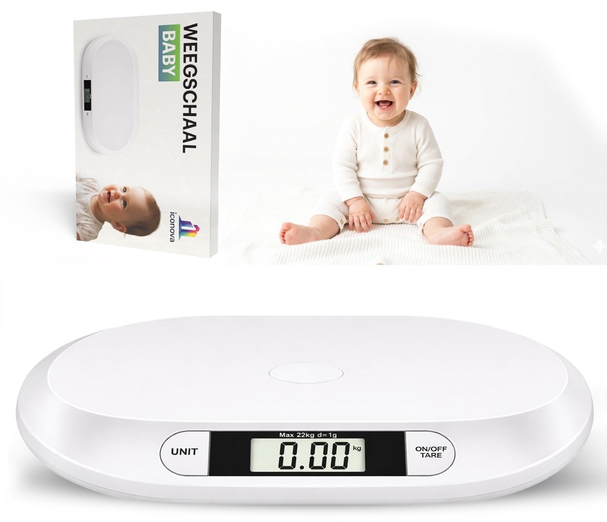 ICONOVA® Babyweegschaal met App & Bluetooth – Digitale Babyweegschaal 0-20KG – Hoge Nauwkeurigheid (2g) – Baby Gewicht Weegschaal met Schaaltje – Digitale Kinderweegschaal – Voor Thuis en Zorg – Wit