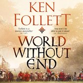 Boekomslag van 'World Without End' van Ken Follett met een legeropstelling op de voorgrond en tekst.