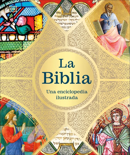 La couverture de 'La Biblia: Una enciclopedia ilustrada' ornée de motifs dorés avec des illustrations bibliques de saints et des textes.