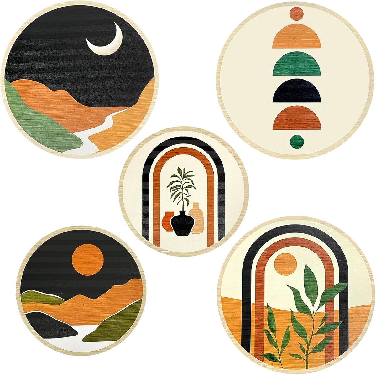 5 Stuks Houten Boho Wanddecoratie met Plantenmotief, Moderne Wanddecoratie voor Woonkamer, Slaapkamer, Gang, Minimalistische Houten Wandkunst met Driehoekige Ophangers