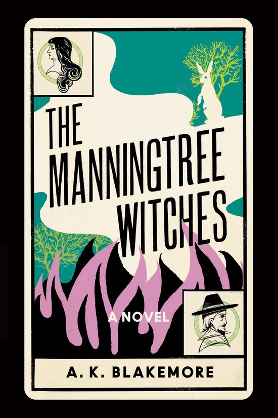 Boekomslag van 'The Manningtree Witches' met vuur, een konijn en portretten van twee personen.