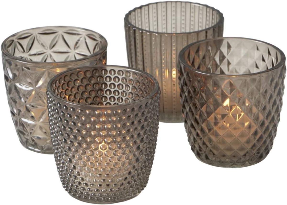 Lantaarn Set Marilu 4-delig (grijs, decoratieve glazen voor kaarsen/theelichtjes, kaarsenstandaard ø 8 cm, verschillende patronen, vormen rond, theelichthouder) 2002930
