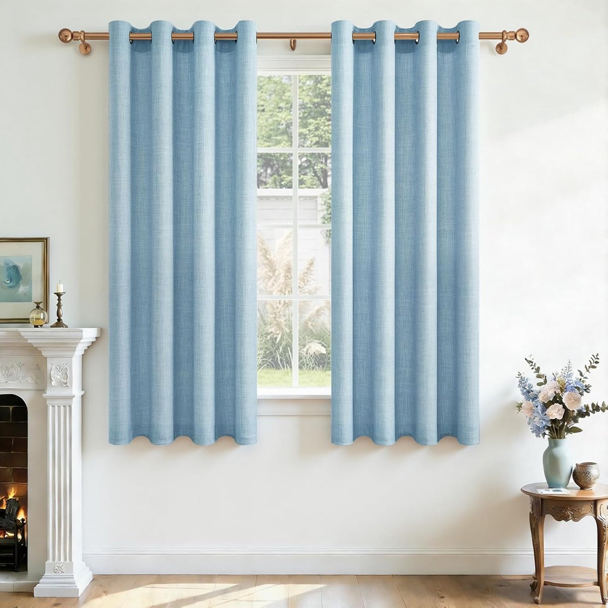 Vitrage Gordijn van Natuurlijk Linnen, Kort, Semi-Transparant, met Oogjes, Blauw, Gordijnen en Draperingen voor Binnen, voor Keuken, Woonkamer, Slaapkamer, Eetkamer, Klein Raam, 2 Stuks, 140