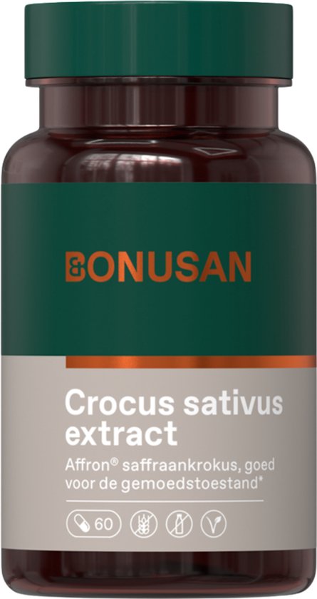 Donkerbruine fles met groen en grijs etiket. "BONUSAN Crocus sativus extract", "Affron® saffraankrokus, goed voor de gemoedstoestand".