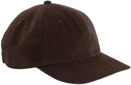 Donkerbruine corduroy baseballpet met klep en stiksels.