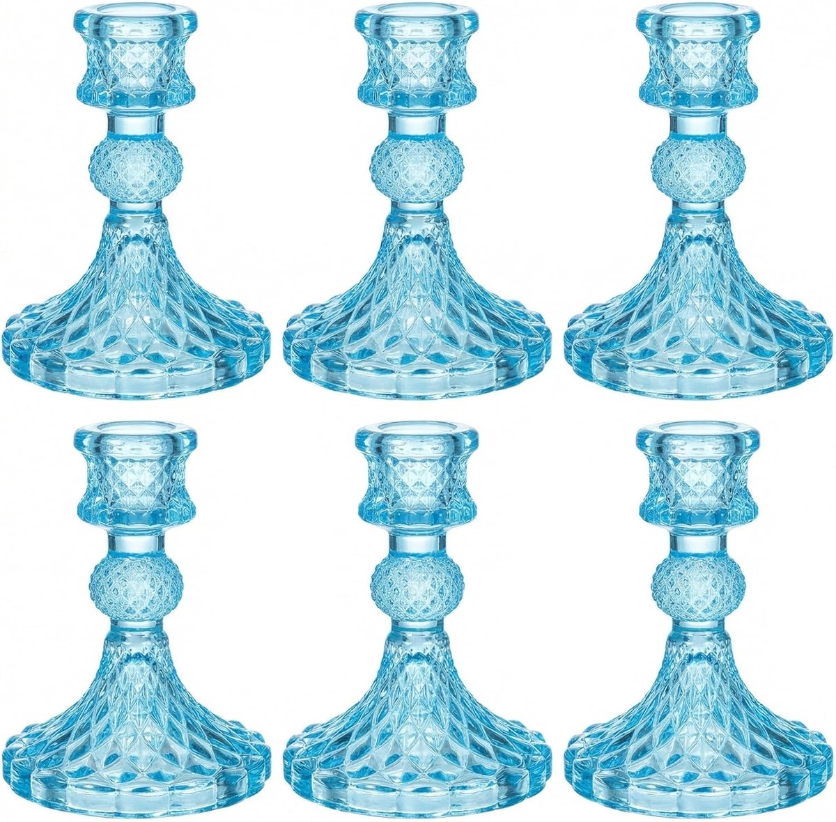 Glazen kandelaarset, 6-delig, blauw, transparante kandelaar voor staafkaarsen, elegante tafeldecoratie voor bruiloft, Kerstmis en woondecoratie