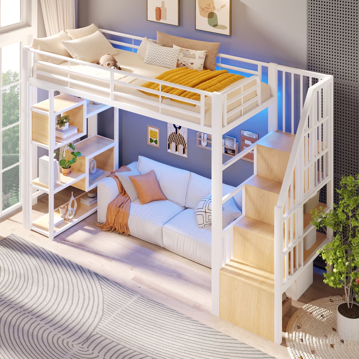 Merax Hoogslaper 90x200 cm met LED-verlichting - geïntegreerde trap - open opbergruimte onder het bed - zonder matras - wit
