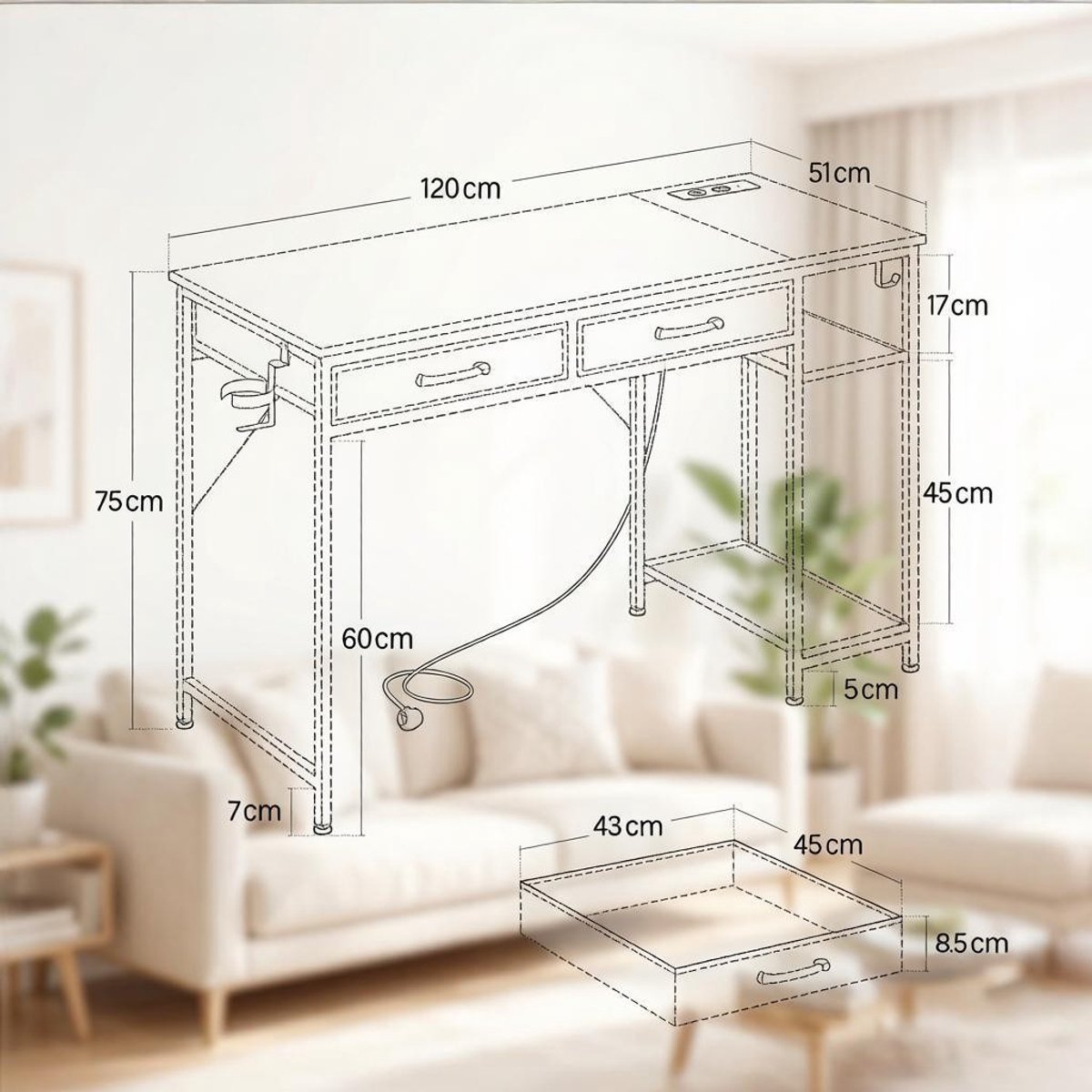 YYchan monitorverhoger - zwart - 120 x 75 x 51 cm + 120 x 51 cm - met lade - met opbergruimte - met stopcontact