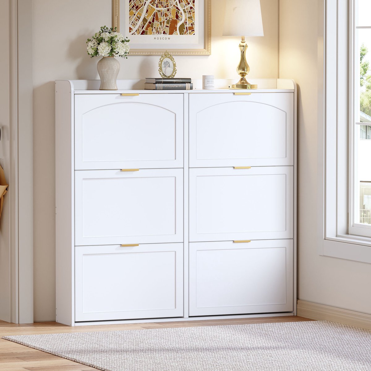 REDOM - Schoenenkast - Compact ontwerp met 6 klepvakken - Verstelbare legplanken en gesloten opbergruimte - Moderne stijl - Hal - MDF en spaanplaat - Wit - 120 x 23 x 118 cm