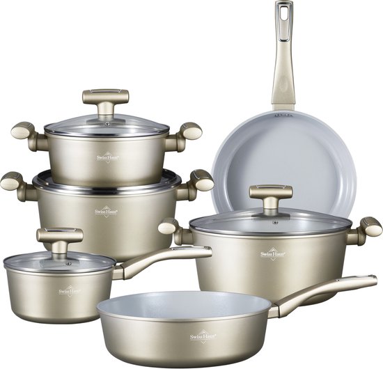 Swiss Haus® GC3010CH Pannenset Inductie - 10-delig Pannensets - PFAS Vrij - Voor Alle Warmtebronnen – Koekenpan, Kookpannen & Hapjespan – Met Deksel – Champagne