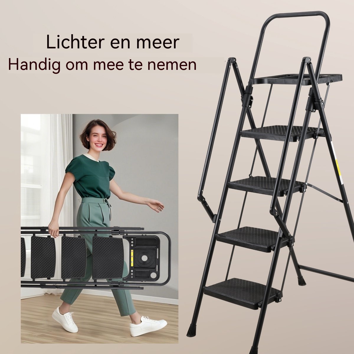Inklapbare Trap - Keukentrap - Stalen Vouwladder-Huishoudtrap – Antislip –Met Leuning – Veiligheidsvergrendeling - 150 kg - Thuis - 4 Treden- Opvouwbaar-Zwart – foto 2