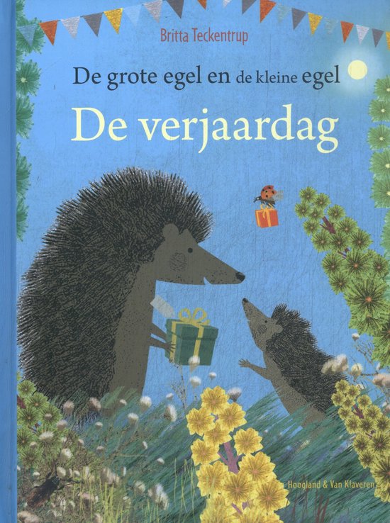 Een grote egel geeft een cadeau aan een kleine egel. Titel: De grote egel en de kleine egel - De verjaardag.