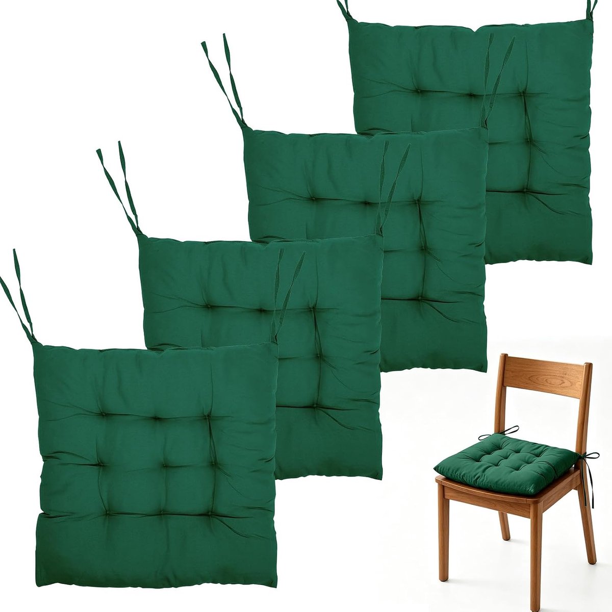 4 stuks zitkussens met linten, 40 x 40 cm stoelkussens, kussens voor tuinstoelen, stoelkussen voor binnen en buiten, zitkussen voor eetkamer, woonkamer (groen)