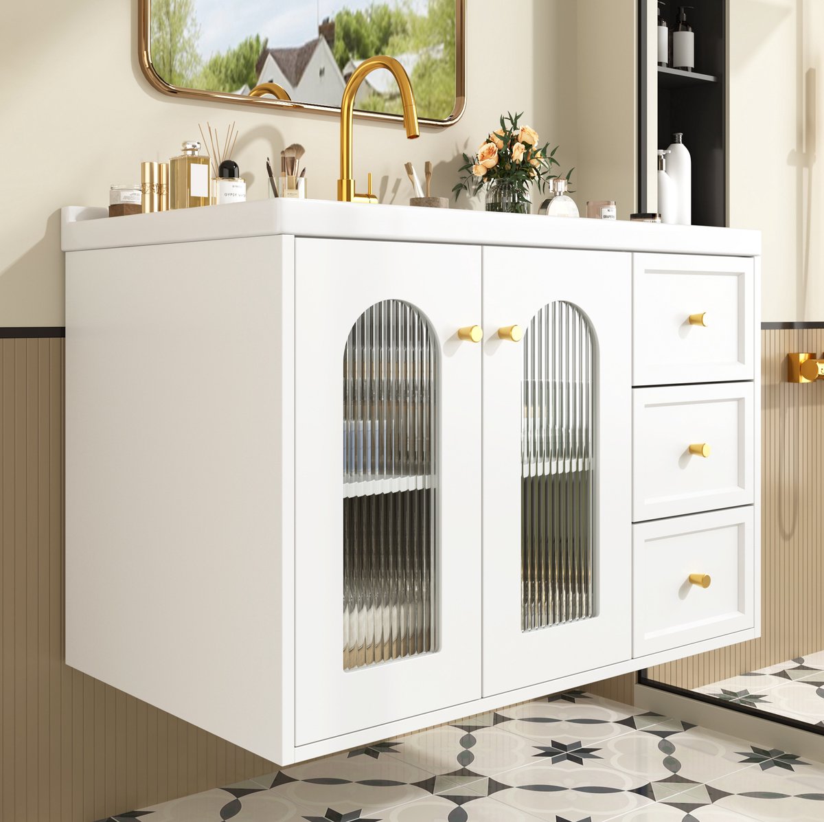 DESMIU Badkamermeubel - Hangend Met Keramische Wastafel En 2 Lades - Voor Badkamer - MDF Met Halftransparant Glas - 80 Cm - Wit