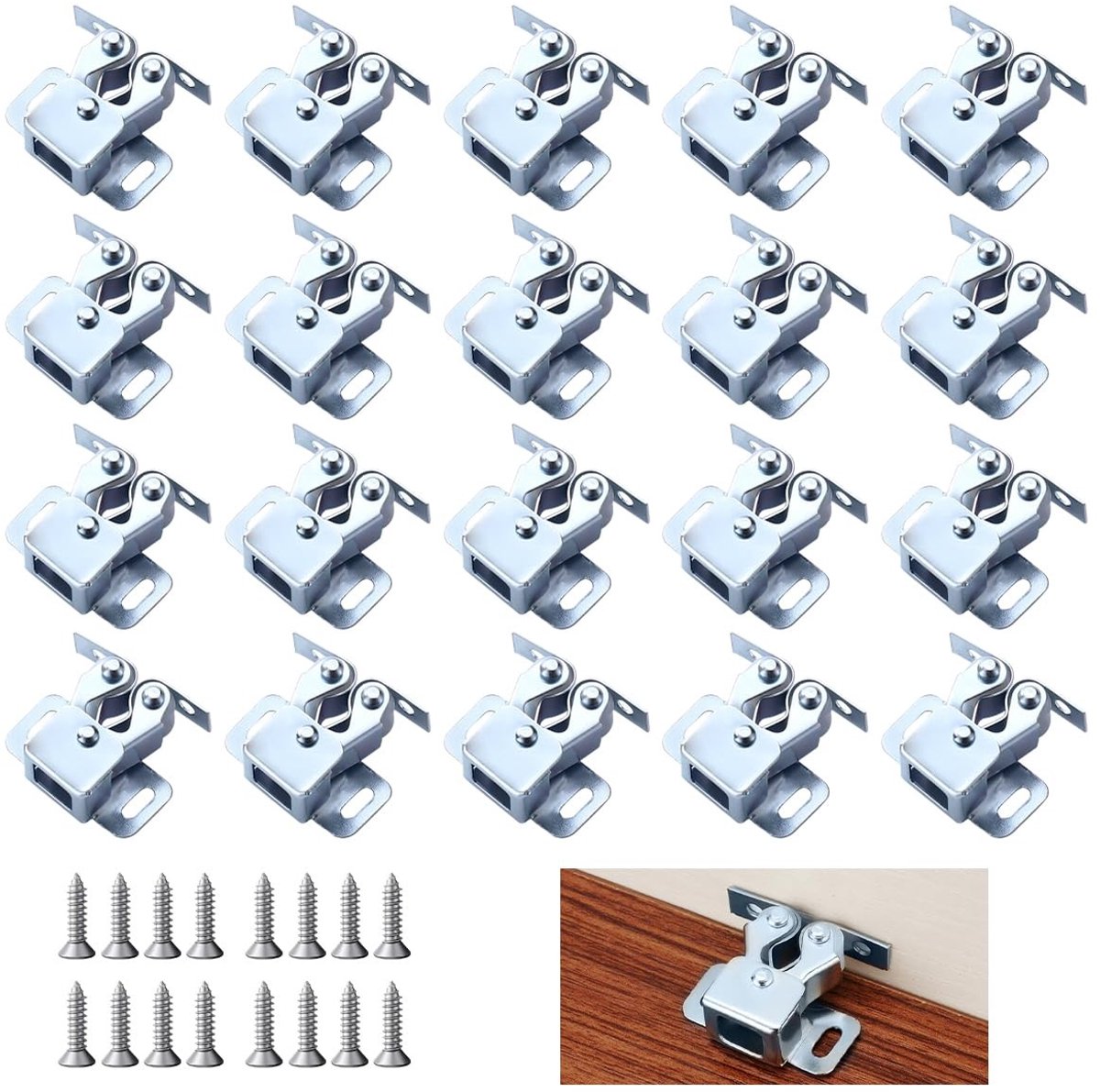 Dailygoods - Meubelsnapper, 20 stuks dubbele rolsnappers, kastsluitingen met 80 schroeven, roestvrijstalen latchvanger voor kast, meubelsnapper met verstelbare deurstopper voor keuken, kastdeuren, kasten