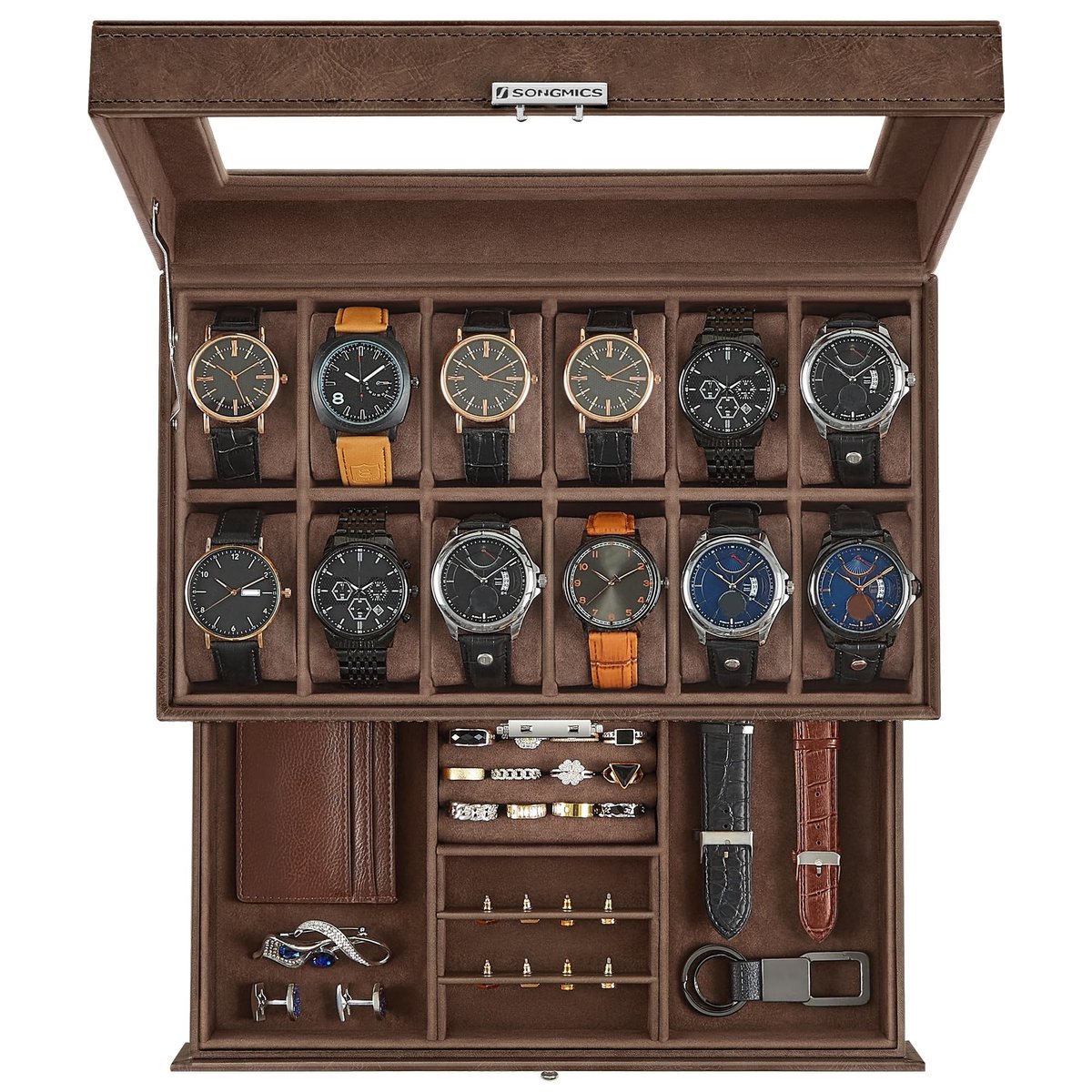 Dailygoods- Horlogedoos met glazen deksel - Horlogekast - 2 niveaus - 12 horloges - Ringen/armbanden - Hoogwaardig PU met fluwelen voering - Horlogekoffer