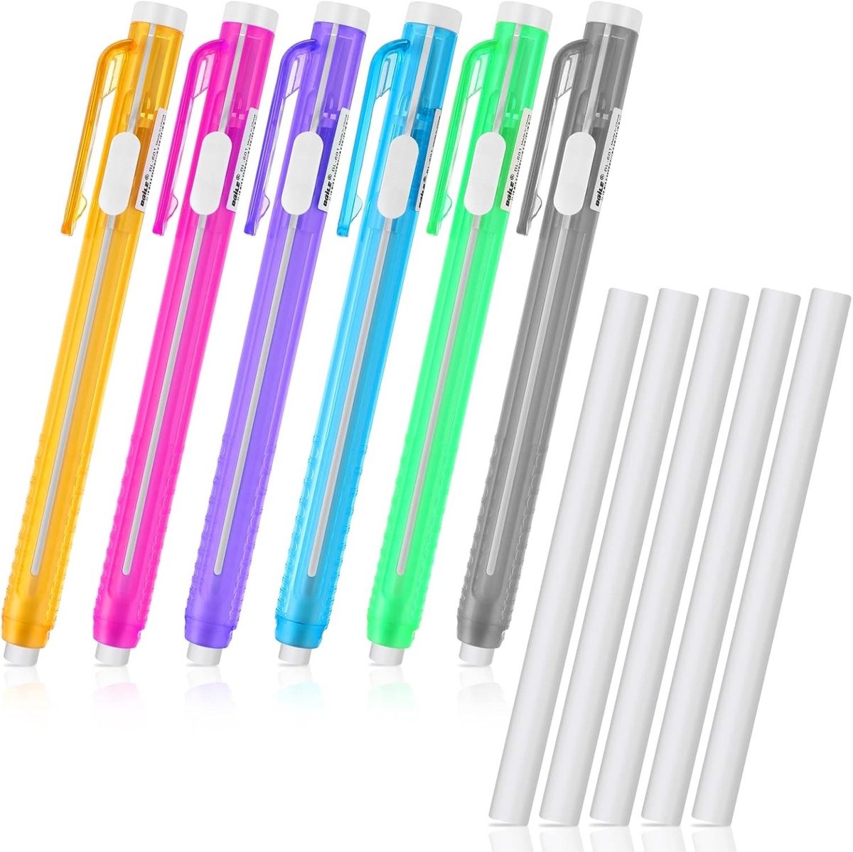 Retractable Click Eraser Pen Set met 6 Vervangbare Gum, Perfect voor Kantoor en School, Diverse Kleuren