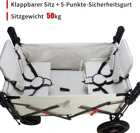 Bolderkar met remmen - Handwagen campingwagen - Familie uitstapjes - Inklapbaar met zitplaatsen - 120 l opbergruimte - Beige van Bolderkar — afbeelding 4