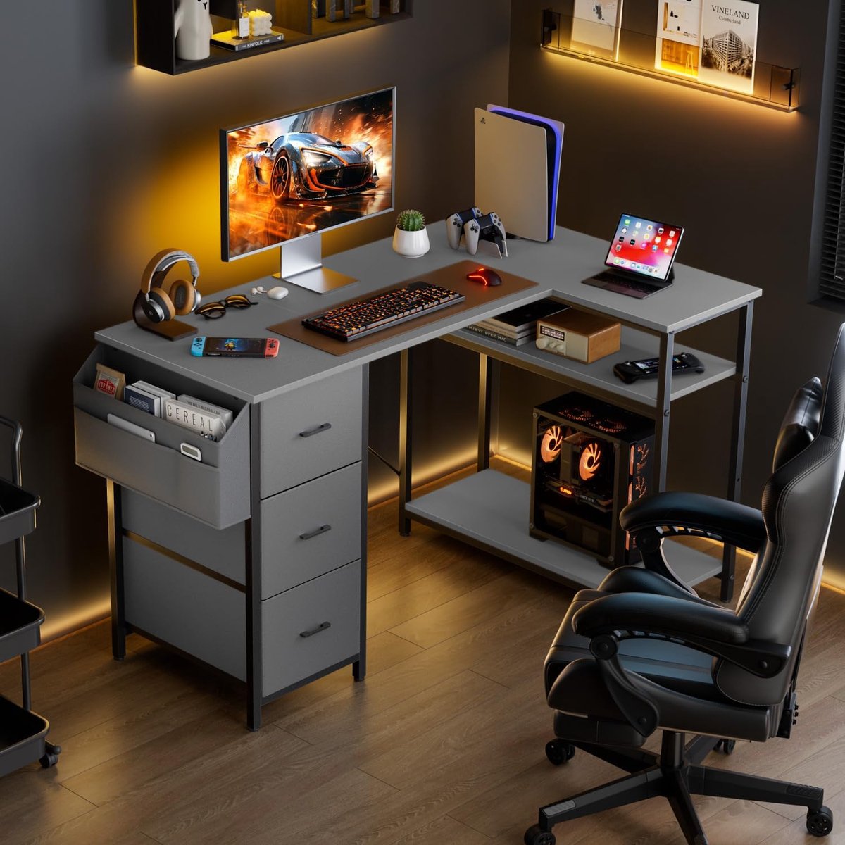 Hoekbureau met Lades - Computerbureau L-vorm - Thuiswerken - Verstelbare Opbergruimte - 120 x 80 cm - Grijs thumbnail 3