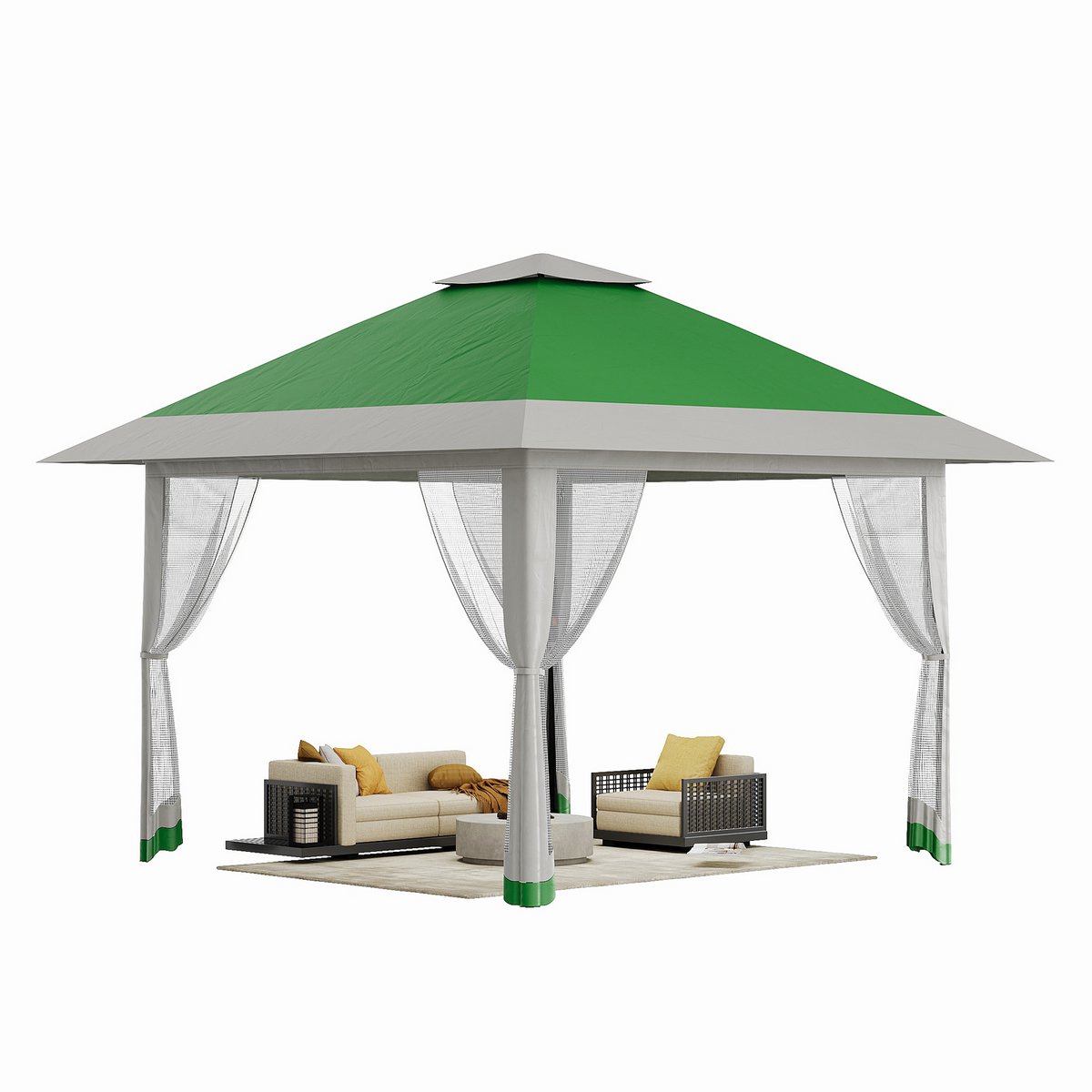 Partytent met Muggennet - 3.9x3.9m - Waterafstotend Pop-up Paviljoen met Zandzakken - UV-bescherming - Ventilatie - Voor Terras, Tuin, Camping en Grillen - Lichtgroen