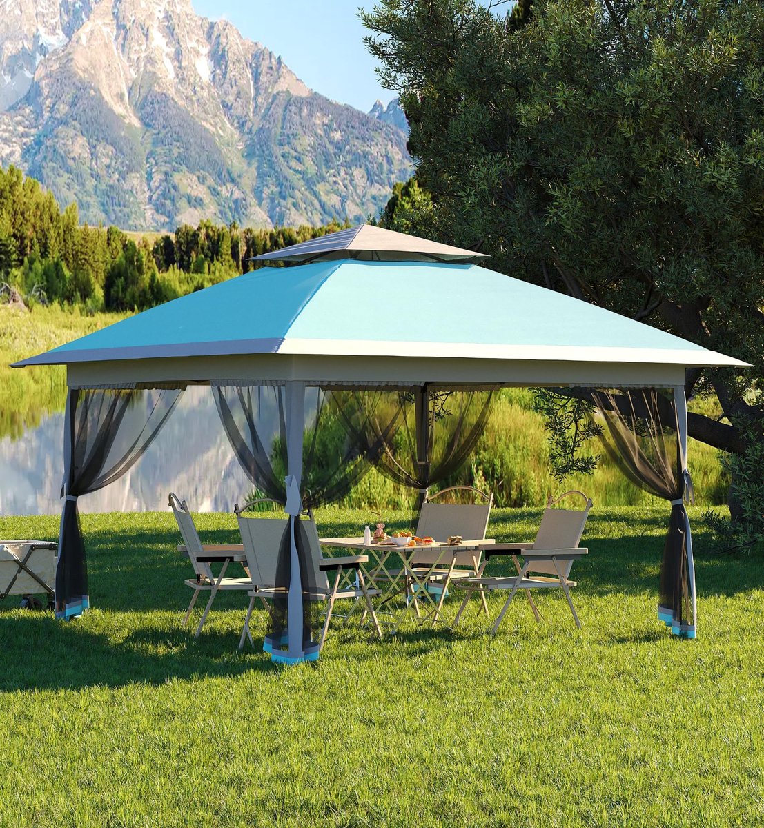 Partytent met Muggennet - 3.9x3.9m - Waterafstotend Pop-up Paviljoen met Zandzakken - UV-bescherming - Ventilatie - Voor Terras, Tuin, Camping en Grillen - Lichtblauw