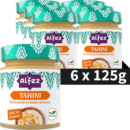 Voordeelverpakking Al'Fez Tahini, 6 potten van 125 gram. Vegan, ideaal voor hummus.
