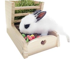 Hooihouder Kleine Huisdieren - Hooi Voerbak - Hygiënisch Voeren - Dubbele Zone Ontwerp - 14.5x22x15.5cm - Houtkleur