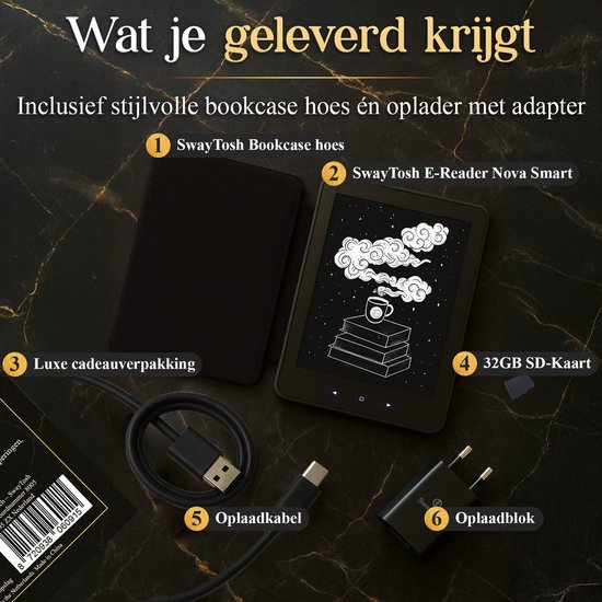 Inhoud van de verpakking: SwayTosh hoes, SwayTosh E-Reader Nova Smart, luxe geschenkverpakking, 32GB SD-kaart, oplaadkabel en oplader.