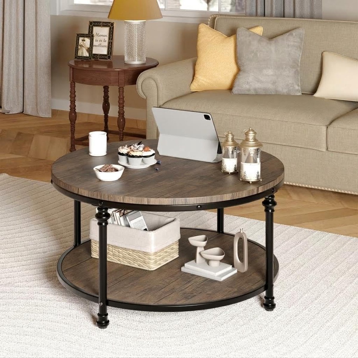 Ronde Salontafel met 2 Niveaus - Industrieel Design - Ø 77 cm - Romeinse Kolom Poten - Bruin Houtlook & Metaal - Vintage Bijzettafel voor Woonkamer