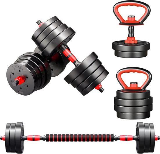 Zwarte dumbbells, kettlebells en halter met rode accenten.