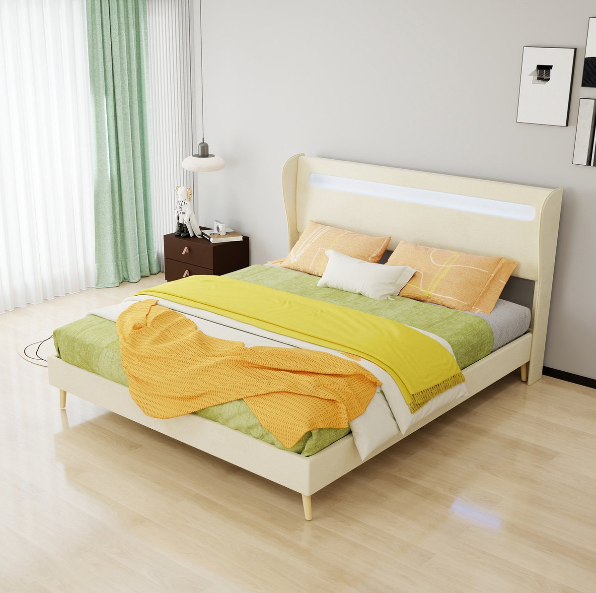 MEUNIQ gestoffeerd normaal bed 160x200 cm met verstelbaar hoofdeinde en LED-verlichting, tweepersoons bedframe voor slaapkamer, beige, zonder matras