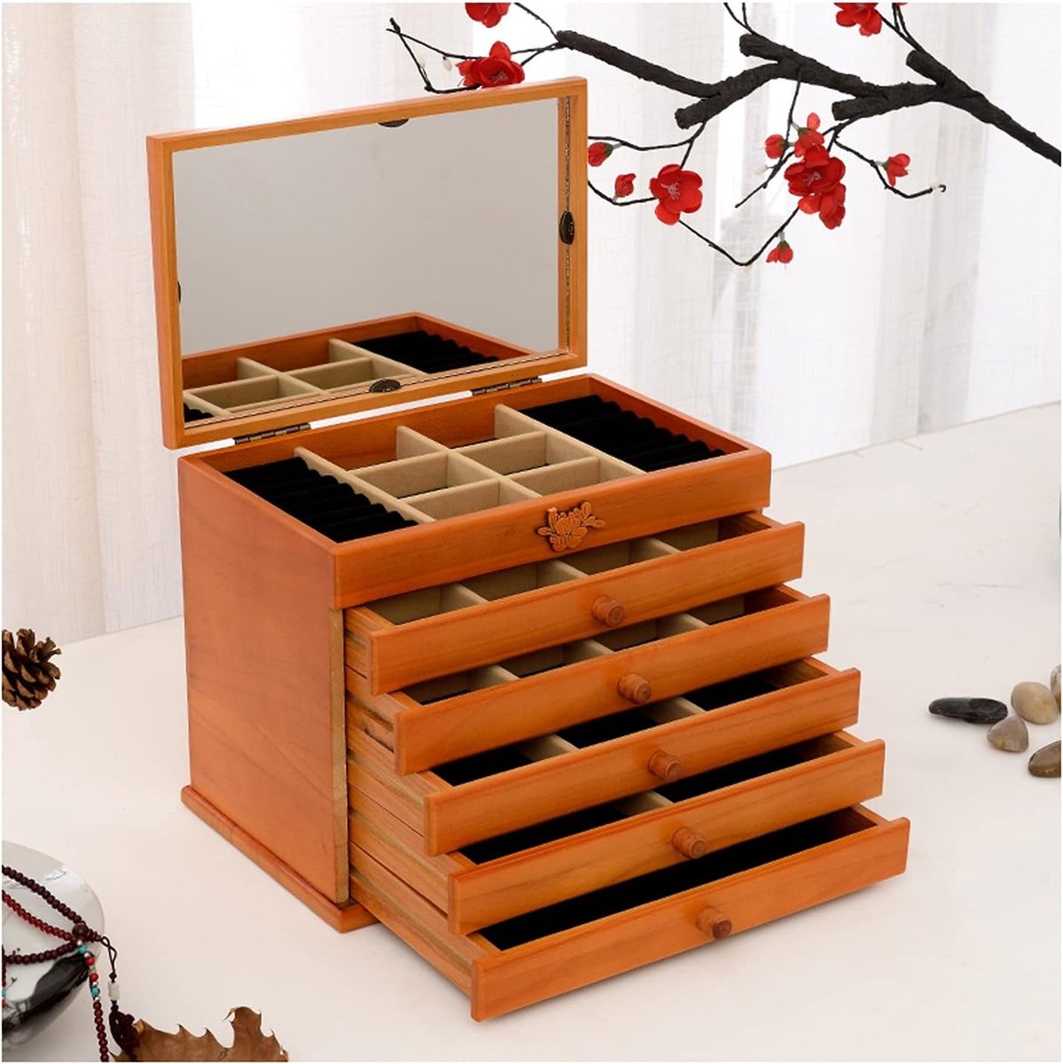 Sieraden Organizer - Opbergdoos Kast - Sieraden Opbergen - Met Slot - 32 cm - Houtkleur
